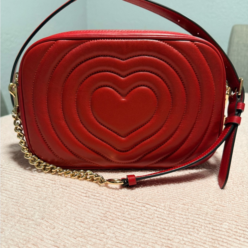 Coach Red Quilted Heart Crossbody Bag with Gold Chain